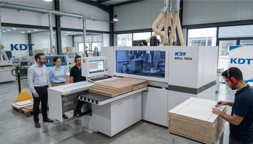 Centre d'usinage CNC bois KDT réalisant une découpe de panneau en production industrielle