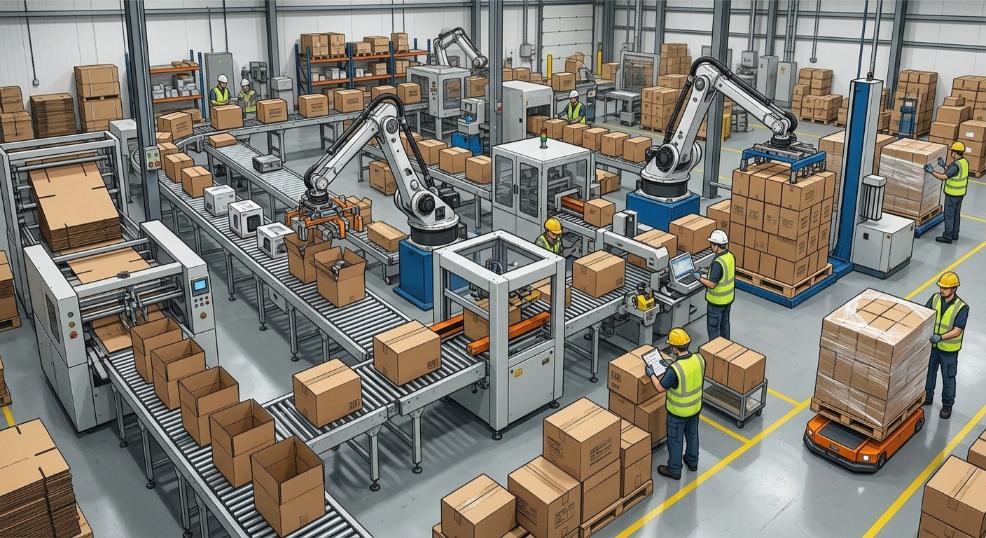 Ligne d'emballage industrielle avec différents types de machines pour carton en fonctionnement