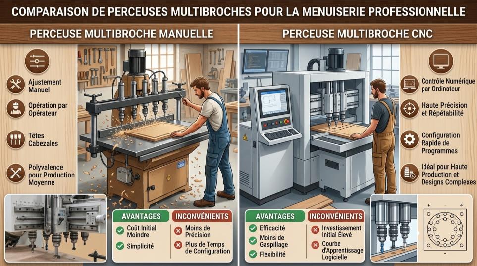 Comparatif perceuse multibroche manuelle et CNC pour la menuiserie professionnelle