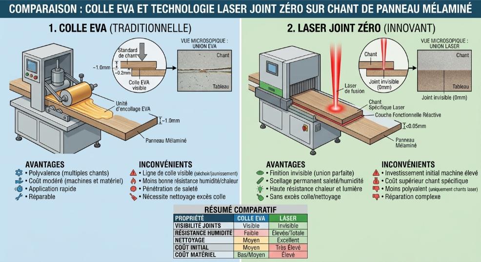 Comparatif colle EVA et technologie zéro-joint laser sur chant de panneau mélaminé