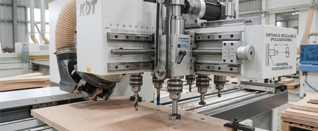 Détail des mandrins et de l'entre-axe réglable sur une perceuse multibroche pour panneaux