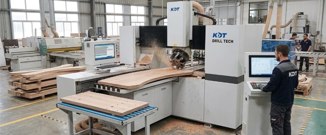 Perceuse multibroche CNC KDT en fonctionnement sur panneau bois dans un atelier industriel