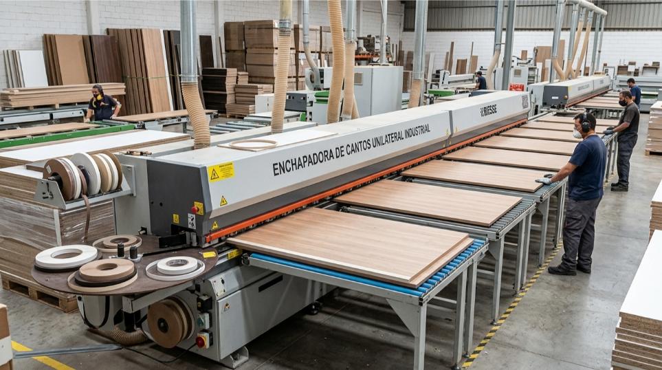 Plaqueuse de chant industrielle monolatérale en fonctionnement sur ligne de production de panneaux