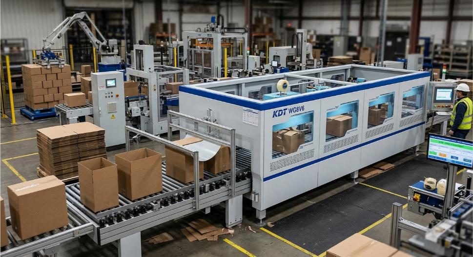 Scelleuse de carton automatique WG8V6 en fonctionnement sur une ligne d'emballage industrielle