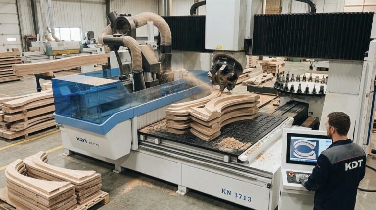 Centre d'usinage bois 5 axes en fonctionnement pour l'usinage de pièces courbes