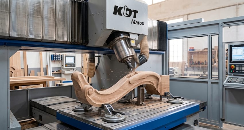 Pièces complexes en bois usinées sur un centre CNC 5 axes pour la fabrication de meubles sur mesure