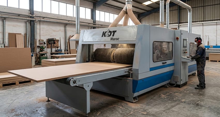 Ponceuse à brosses industrielle pour le bois en fonctionnement sur panneau MDF