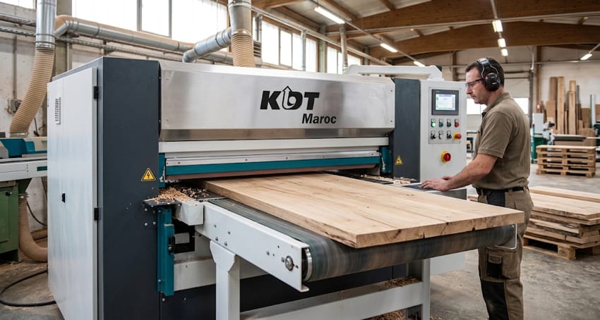 Ponceuse calibreuse à patin sectionné KDT en fonctionnement sur bois massif en production industrielle