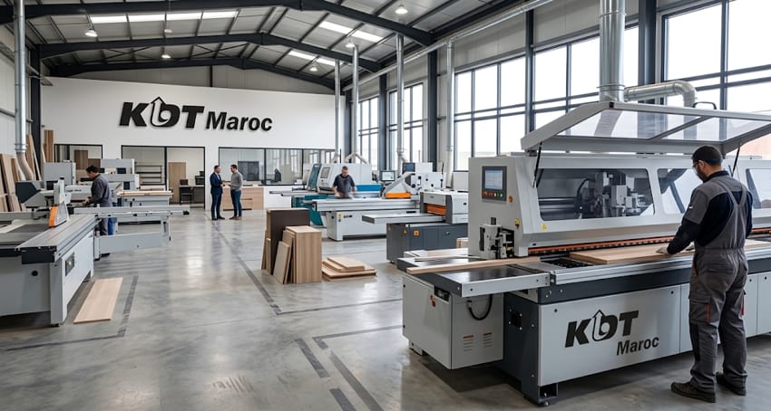 Showroom KDT Maroc avec machines de menuiserie industrielles en fonctionnement